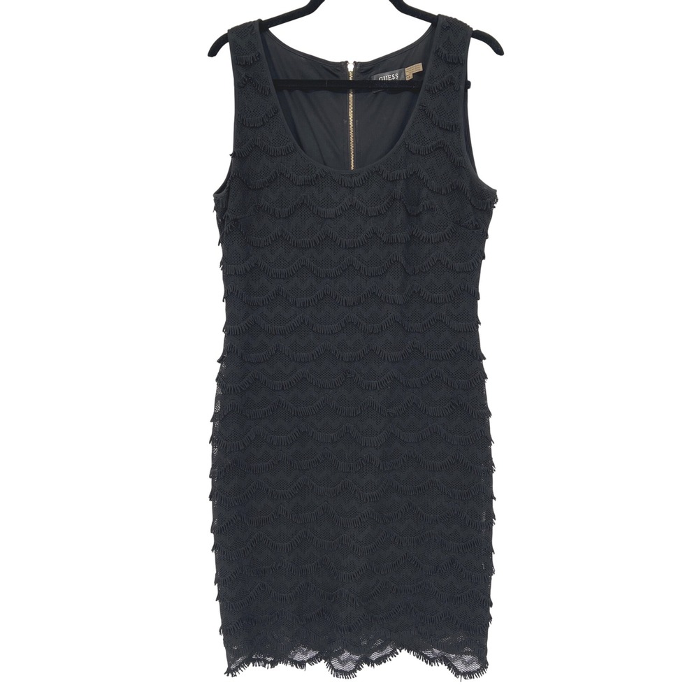 Guess Est. 1981 Black Fringe Tiered‎ Lace Bodycon Cocktail Dress Size 14 LBD